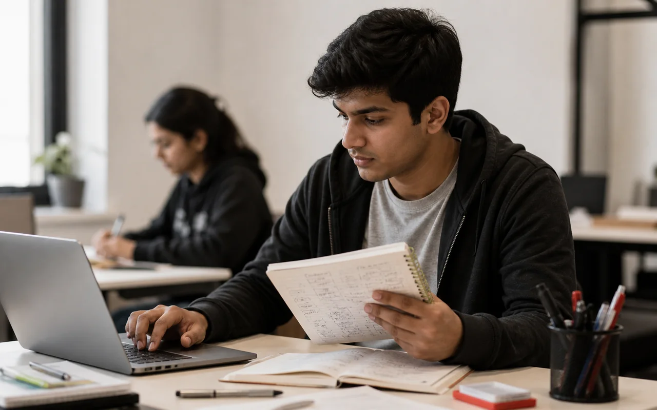 Learner completing a practical assignment with a laptop and notebook