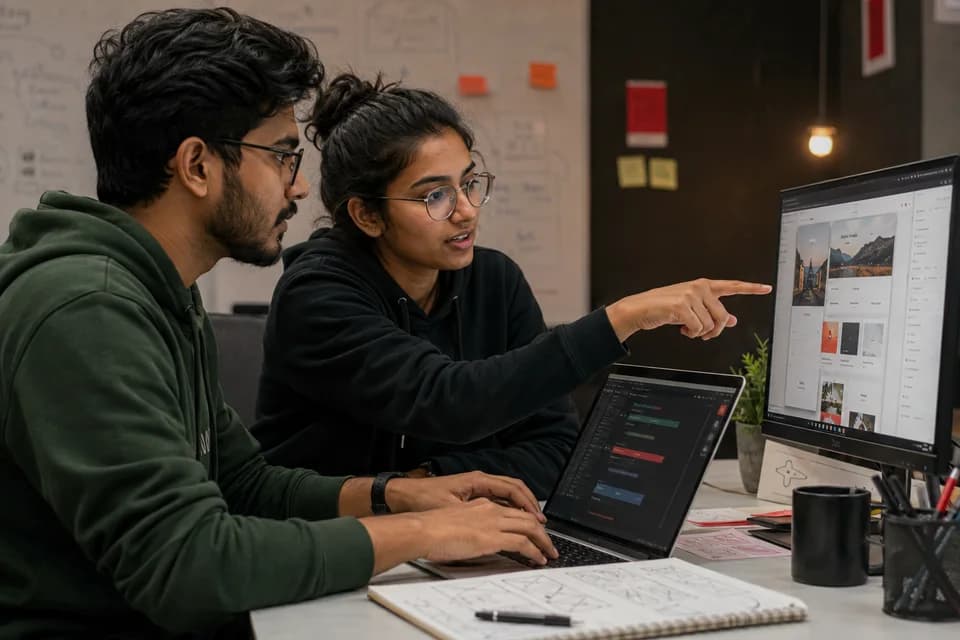 Two learners prototyping a website with AI-assisted coding tools