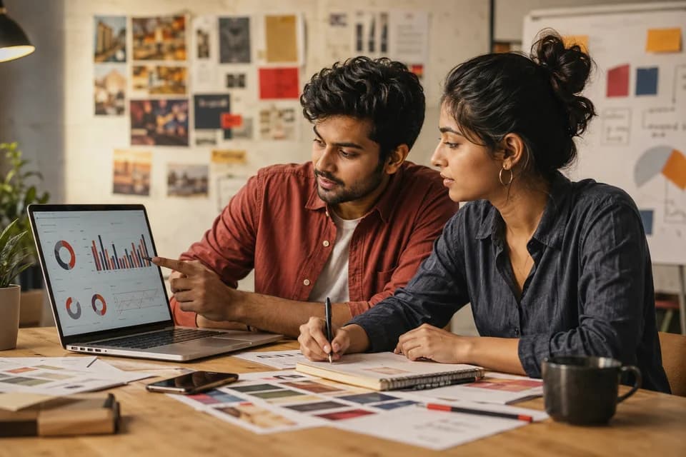 Two learners reviewing the results of a digital marketing campaign